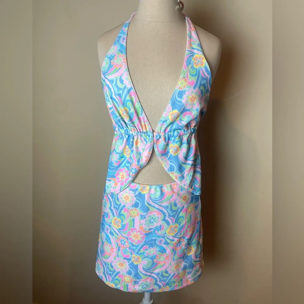 Frankie's Bikinis SET Halter Top and Skirt- Blue and Pink Floral
